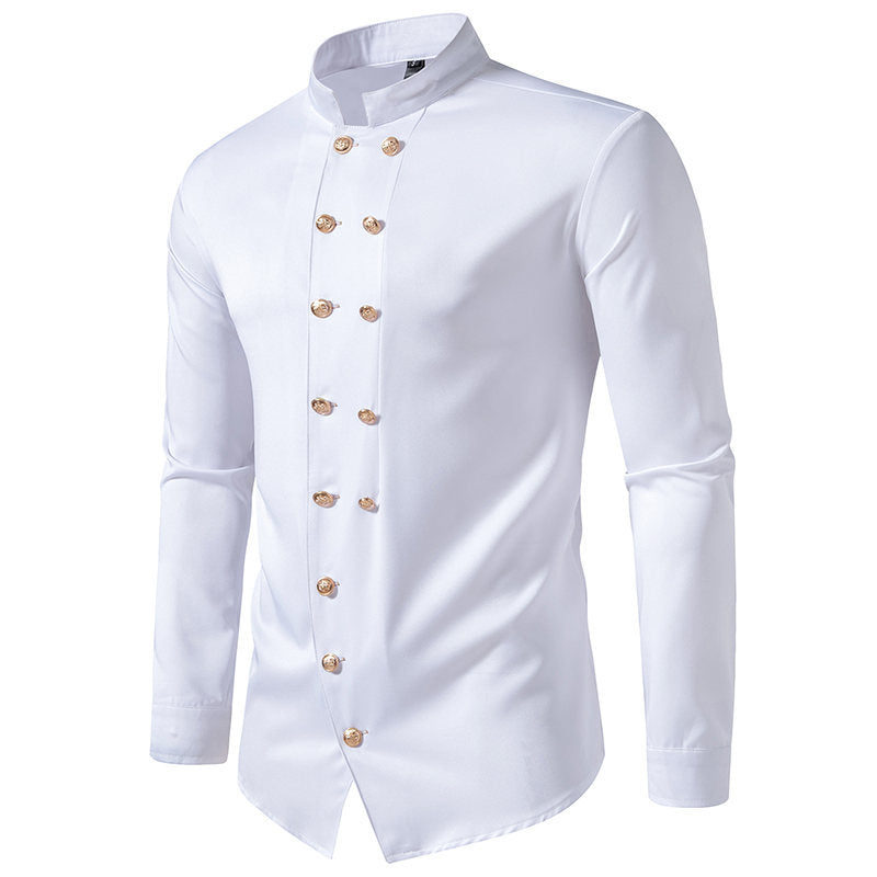 Herren Hemd Modern Stehkragen Goldknöpfe Elegantes Design