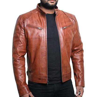 Lederjacke Herren Stehkragen Schwarz Ledermantel