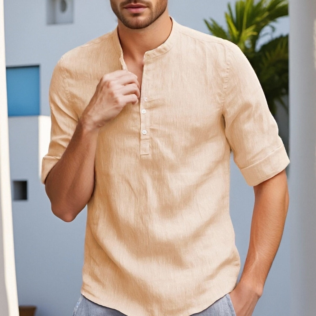 Herren Leinenhemd mit Mandarin-Kragen Elegantes Sommerhemd