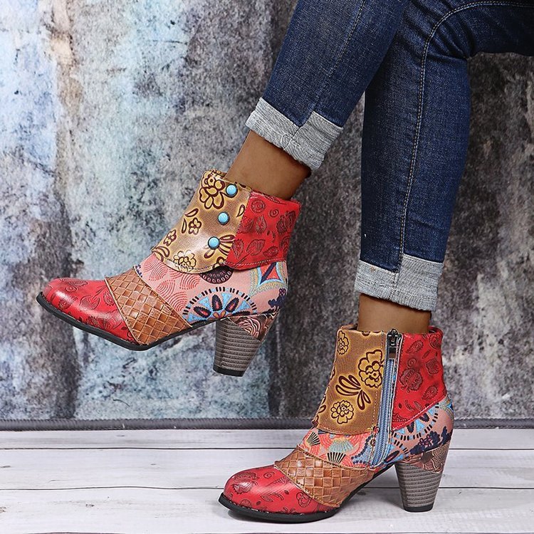 Damen Stiefeletten Elegante Floral Schuhe mit Knöpfen