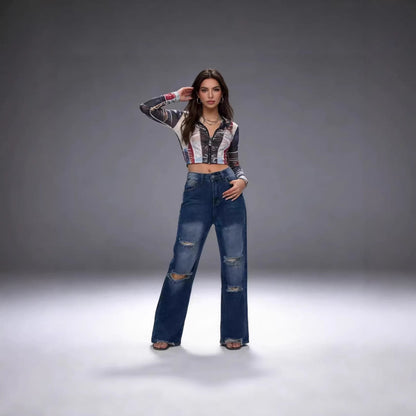 Weite Damen Jeans Ripped High Waist