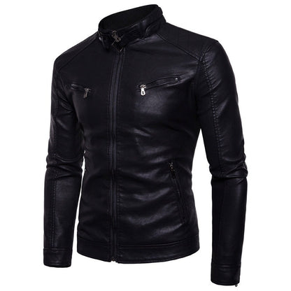 Lederjacke Herren Modern Stehkragen Reißverschluss Schwarz