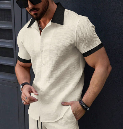 Herren Kurzarmhemd Strukturiert Kontrastkragen Modern