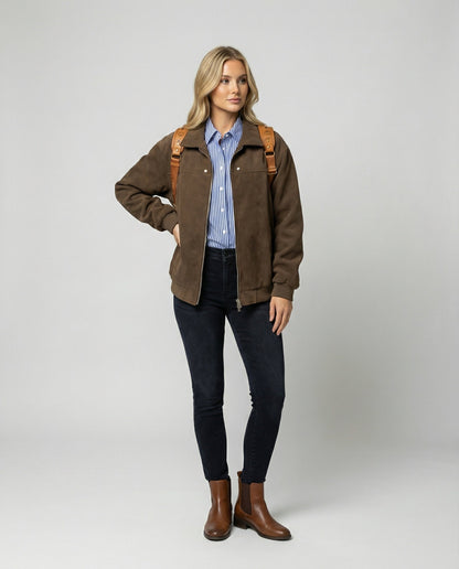 Damen Baseballjacke Braun Suedeleder Herbstjacke Vintage Style