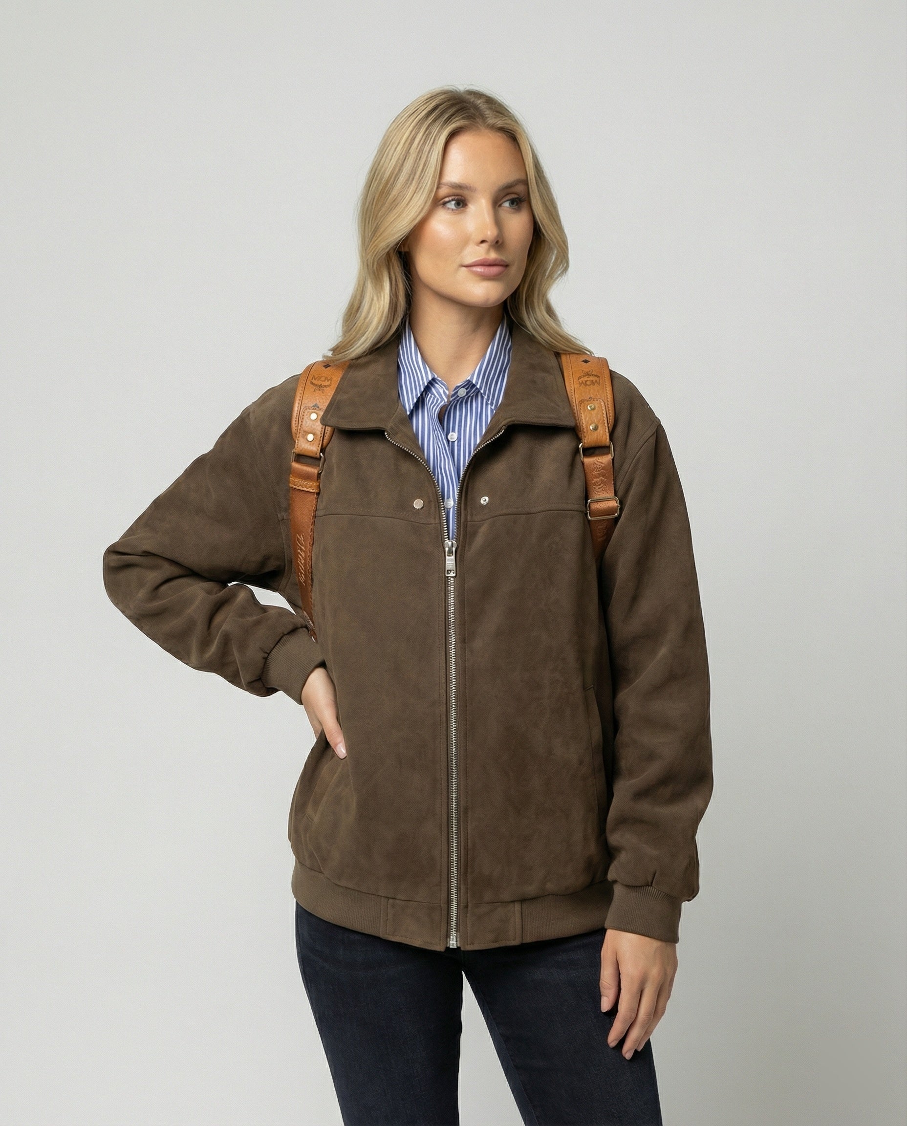 Damen Baseballjacke Braun Suedeleder Herbstjacke Vintage Style - BerlinGlamour