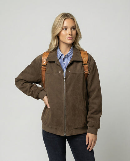 Damen Baseballjacke Braun Suedeleder Herbstjacke Vintage Style - BerlinGlamour