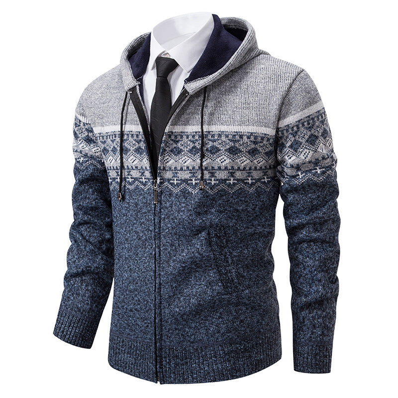Herren Strickjacke Kapuze Jacquard Muster Modern