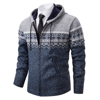 Herren Strickjacke Kapuze Jacquard Muster Modern
