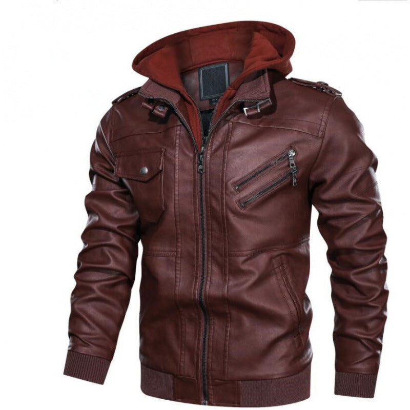 Lederjacke Herren Biker-Stil Modern Kapuze Abnehmbar