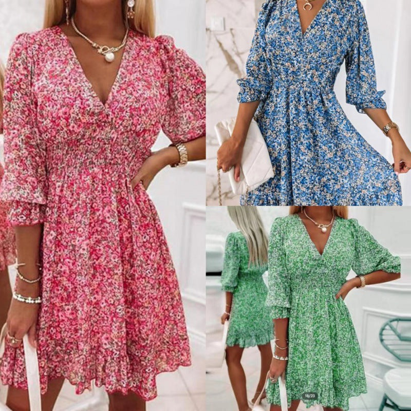 Damenkleid Bluse Romantisch Floral V-Ausschnitt Rüschenärmel - BerlinGlamour