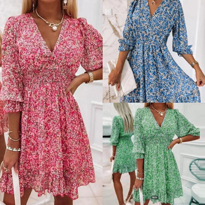 Damenkleid Bluse Romantisch Floral V-Ausschnitt Rüschenärmel - BerlinGlamour