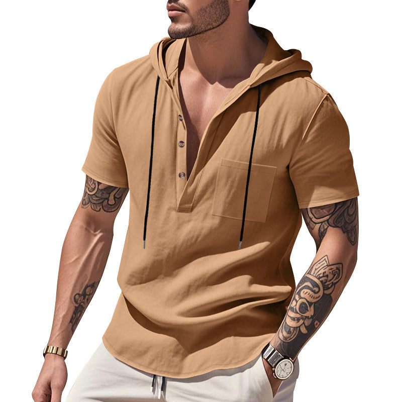 Herren Hoodie Kurzarm Hemd Kapuze Knopfleiste Trendig