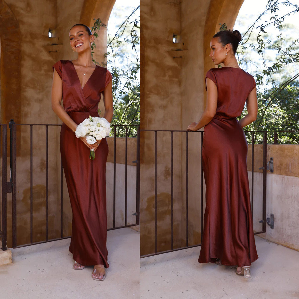 Damen Wickelkleid Satin V-Ausschnitt Elegant