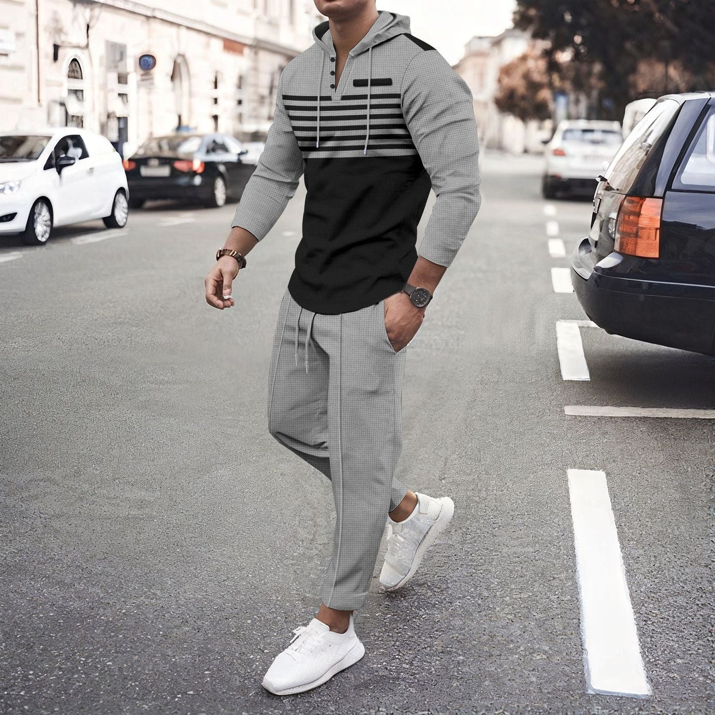 Herren Hoodie Set Kapuze Kordelzug Modern