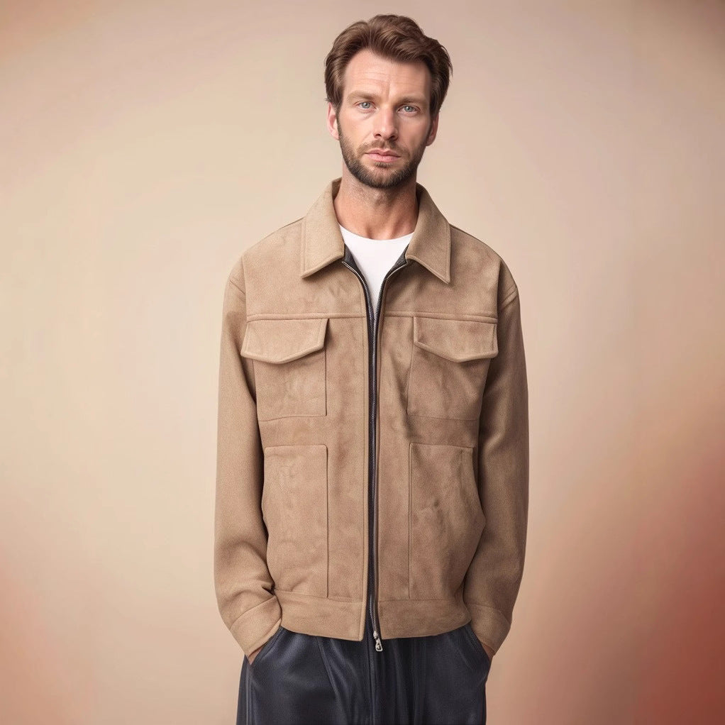 Herren Lederjacke Suede Stil mit Aufschlägen und Taschen