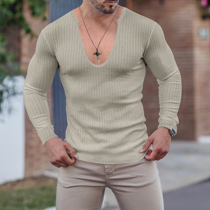 Herren Langarmshirt V-Ausschnitt Strukturiert Modern