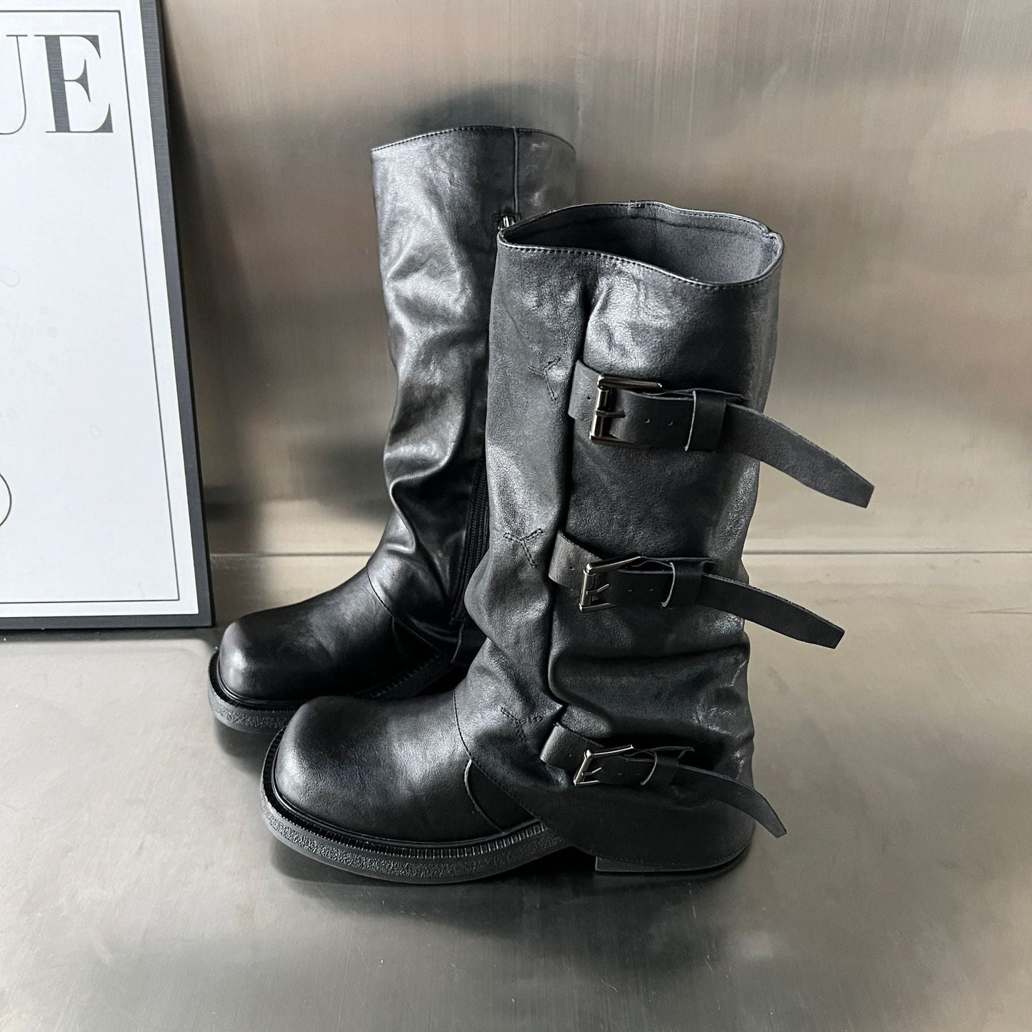 Damen Biker-Stiefel Robust Schnallen-Design Schwarz