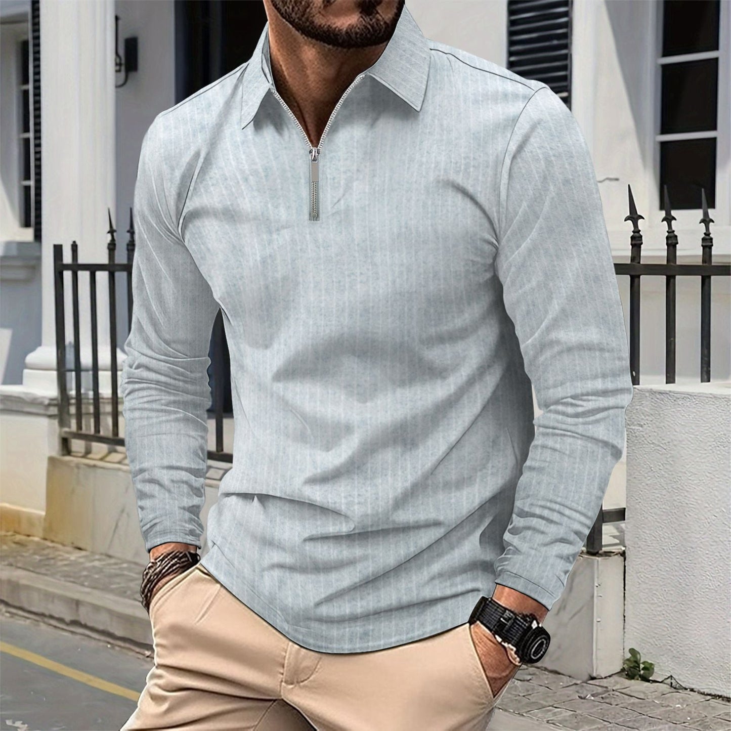Herren Langarmhemd Modern mit Reißverschluss Slim Fit