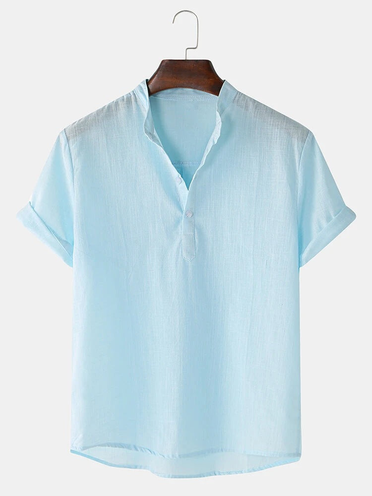Herren Hemd Kurzarm Modern Henley Ausschnitt Baumwolle