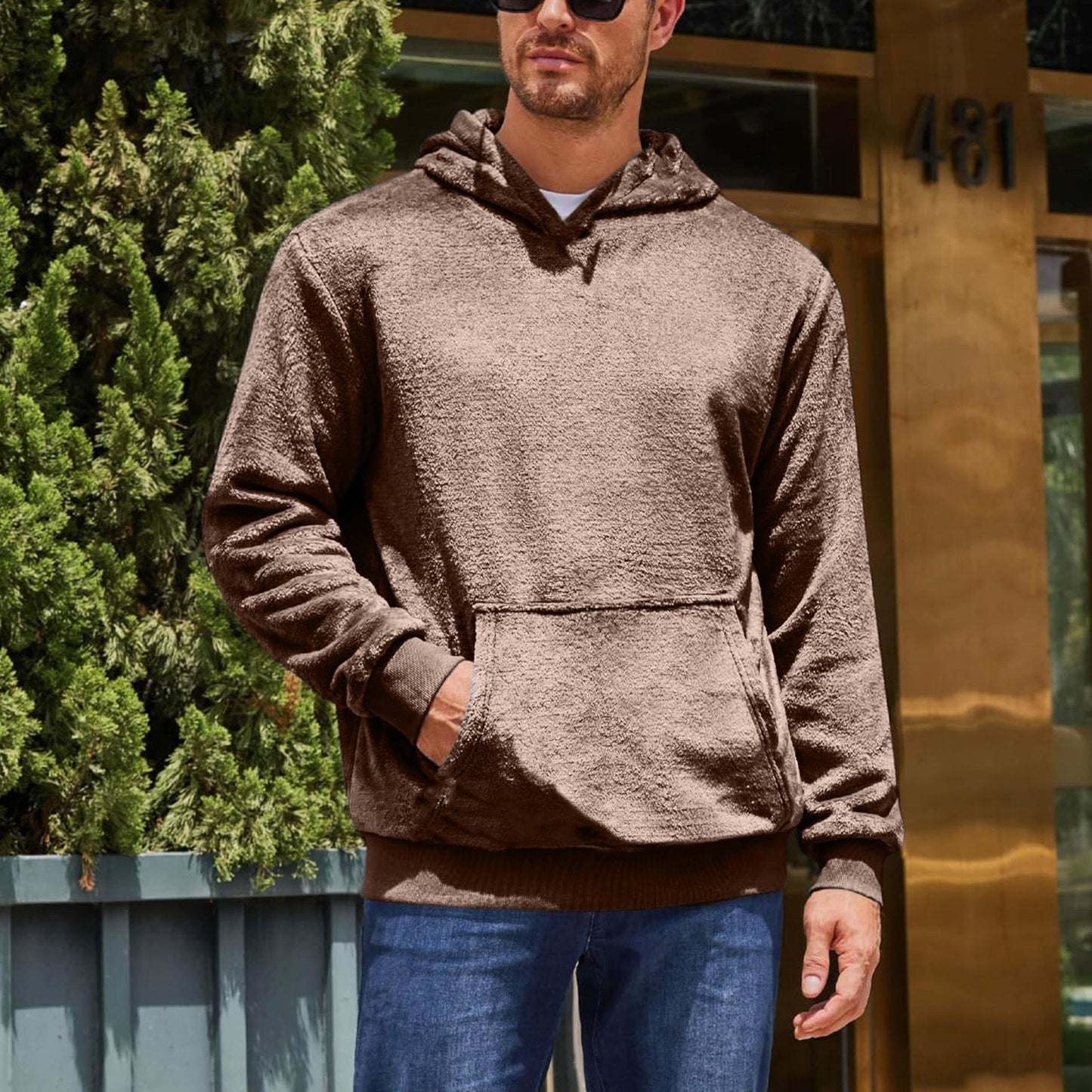 Herren Fleece Hoodie Kuschelig Mit Kängurutasche Grau