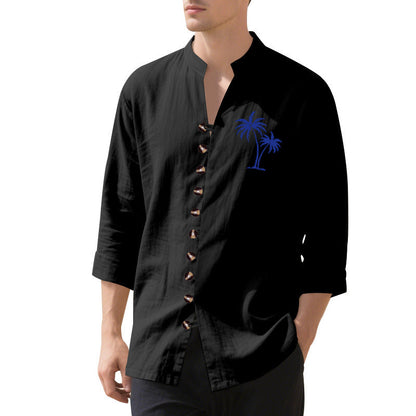 Herren Langarmhemd Palmen Motiv Knopfleiste Trendy