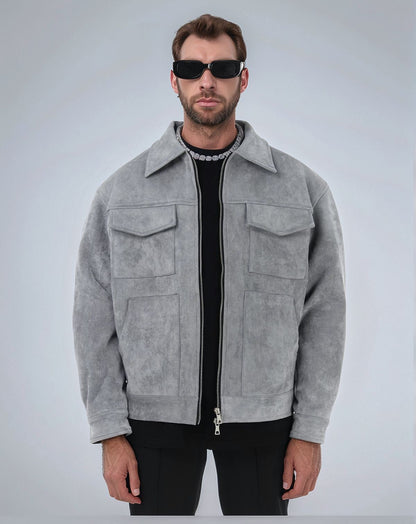 Herren Lederjacke Suede Stil mit Aufschlägen und Taschen