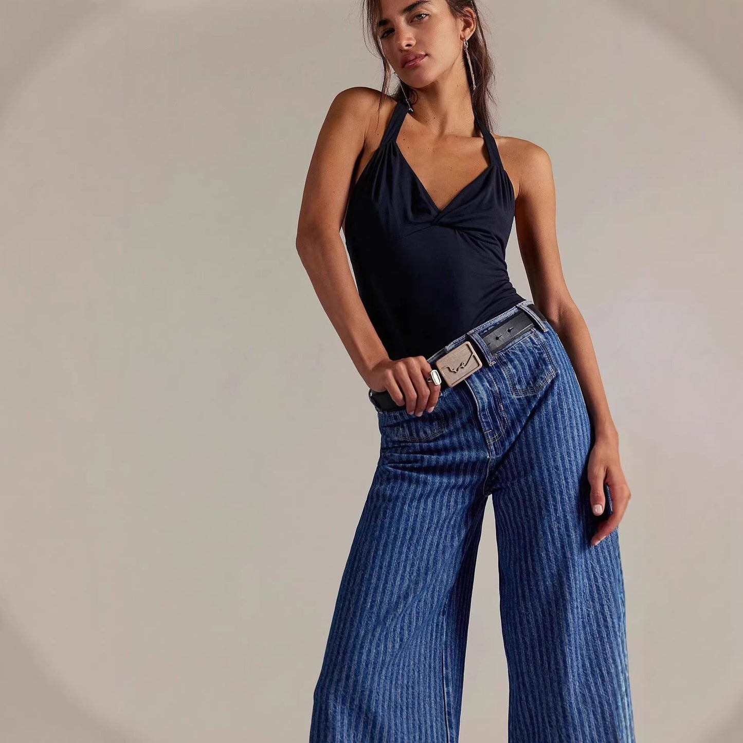 Damen Jeans Weite Bein mit Streifen Nähte