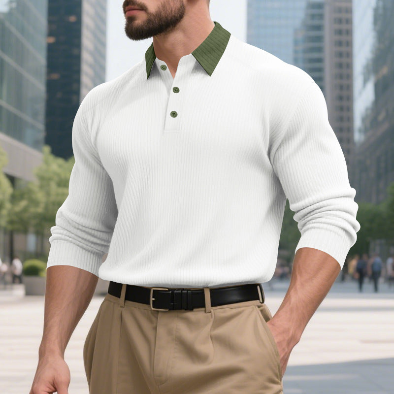 Herren Polohemd Langarm Elegant Strukturiert Modern