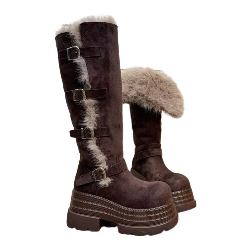 Damen Winterstiefel Fleecegefüttert Plattform Sohle Schnalle Warm
