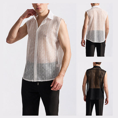Herren Hemd Ärmellos Spitzenstruktur Elegant Modern