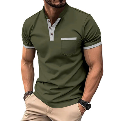 Herren T-Shirt Kurzarm mit Knopfkragen und Brusttasche Modern