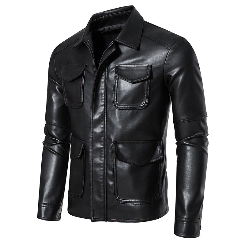 Herren Lederjacke Modern mit Taschen und Slim-Fit Design