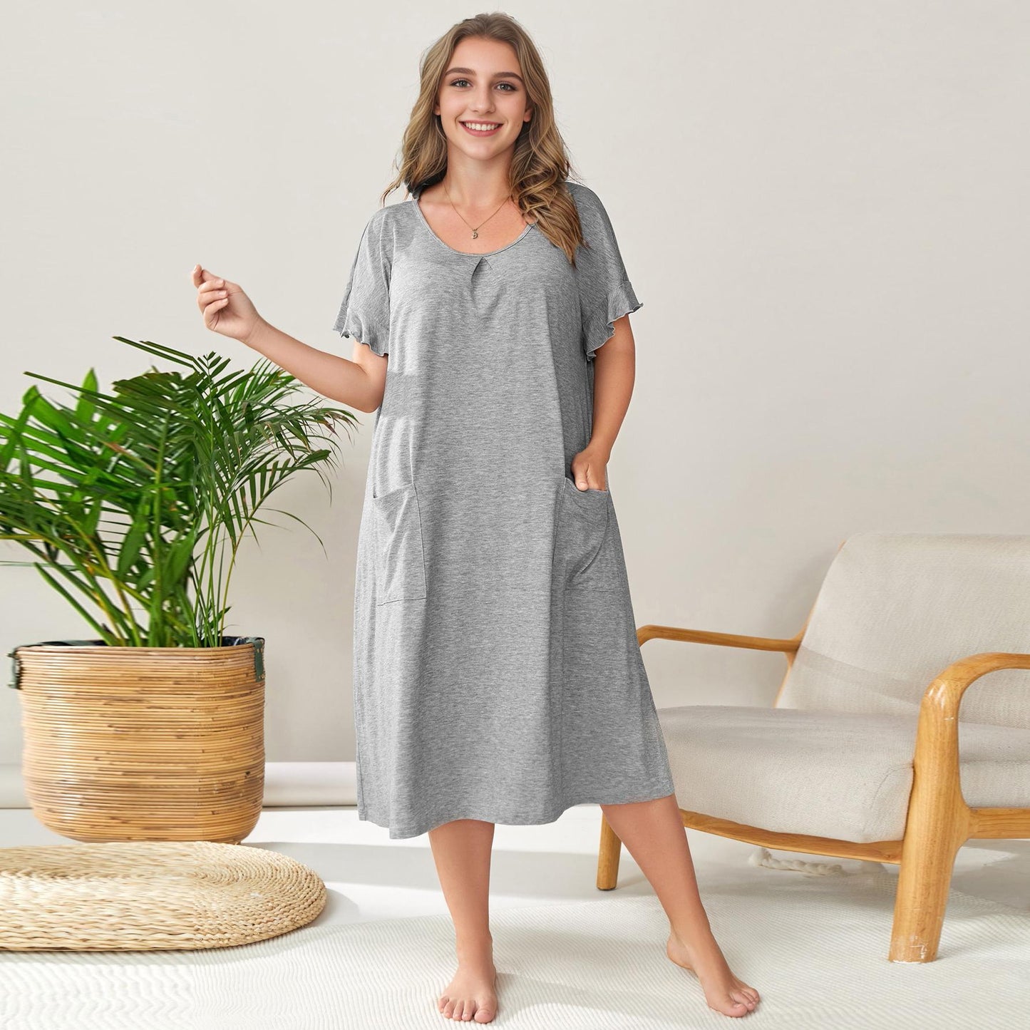 Baumwoll Nachthemdkleid mit Taschen, große Größen von BerlinGlamour