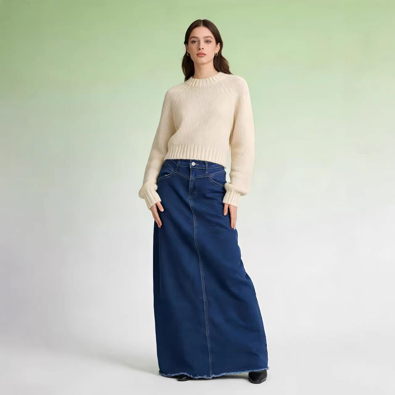 Damen Maxi-Rock Jeans Hochwerder mit Fransen