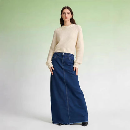 Damen Maxi-Rock Jeans Hochwerder mit Fransen