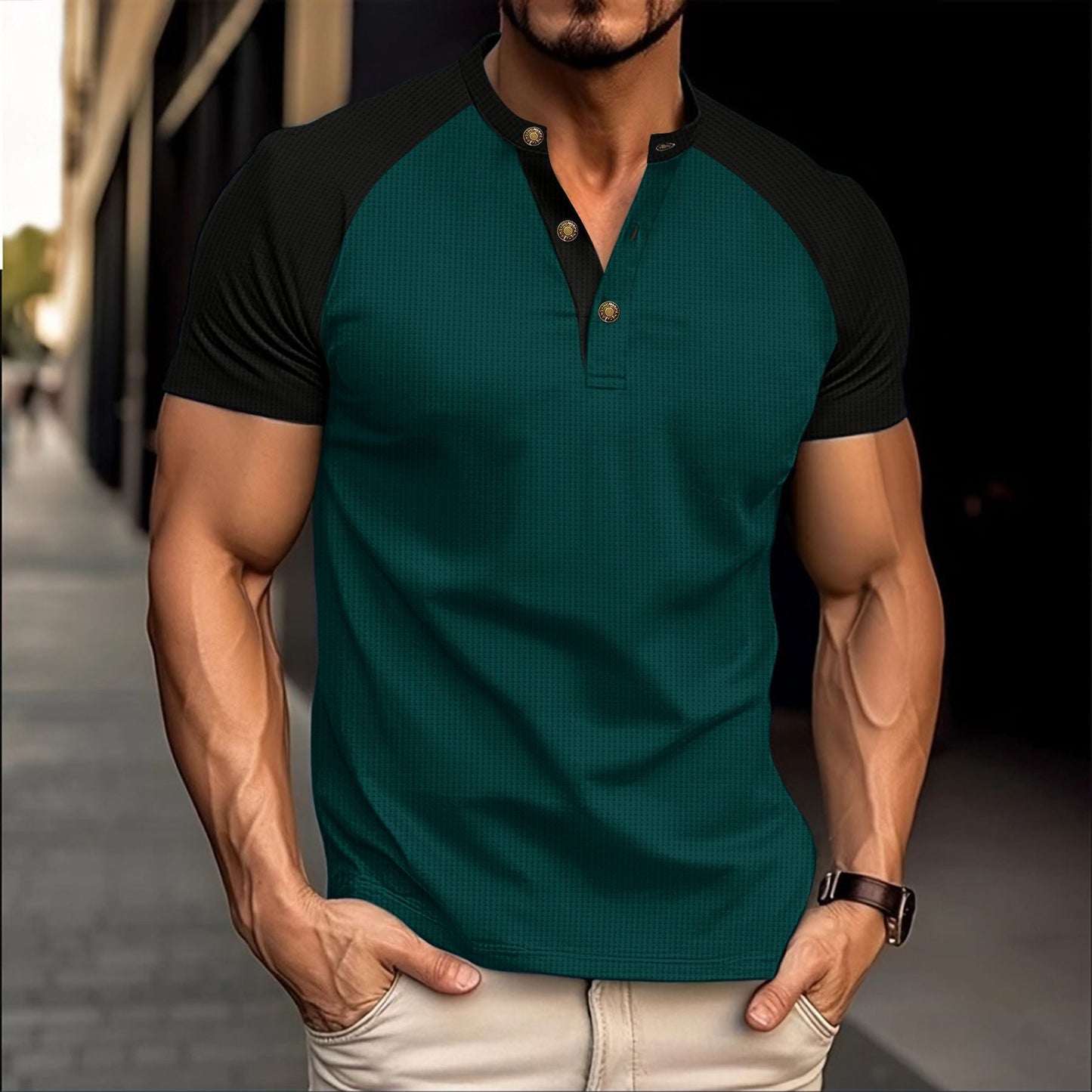 Herren Poloshirt Kurzarm Moderne Knopfleiste Kontrast Ärmel