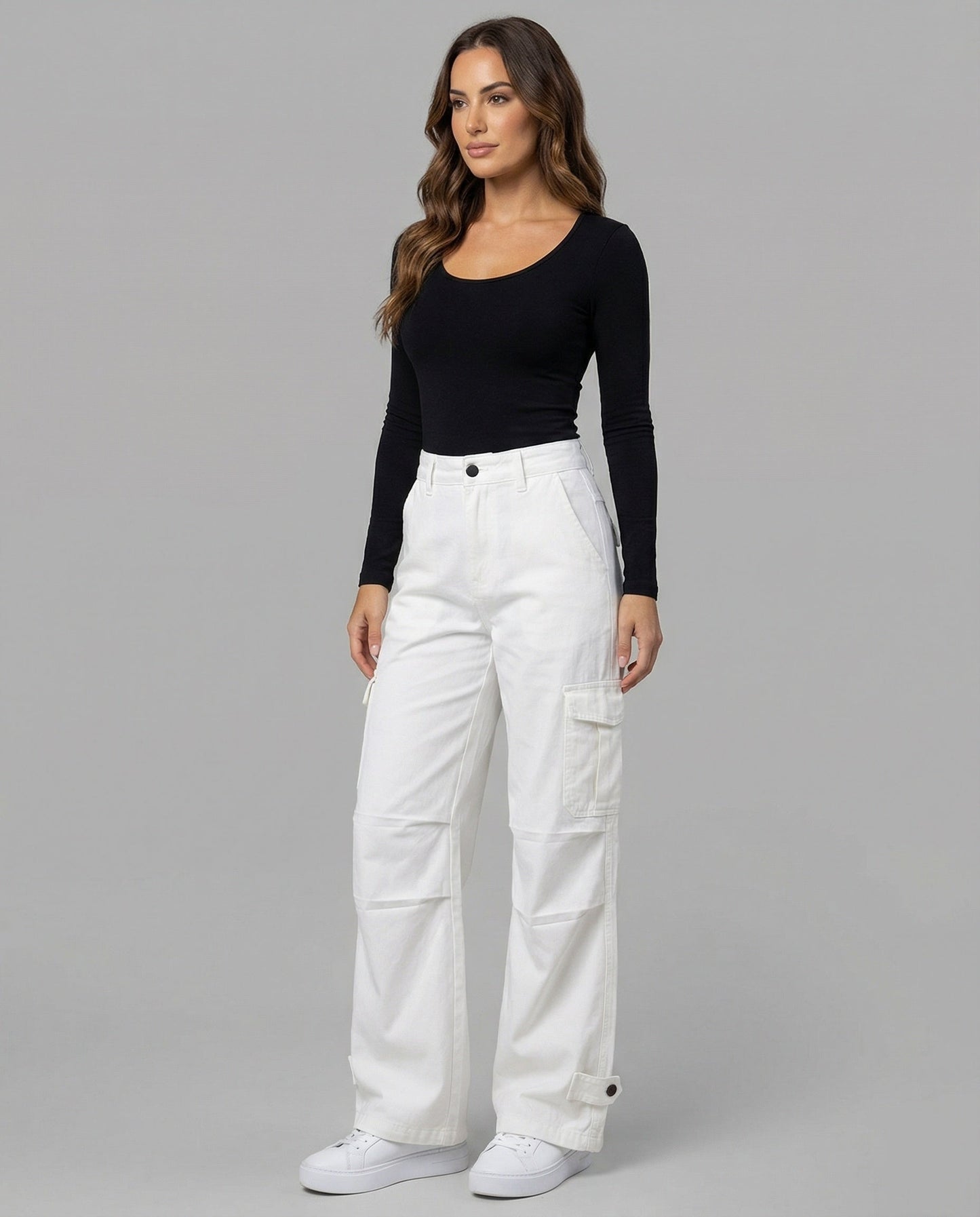 Damen Cargo-Hose Weite Bein mit Klappentaschen Elastischer Bund