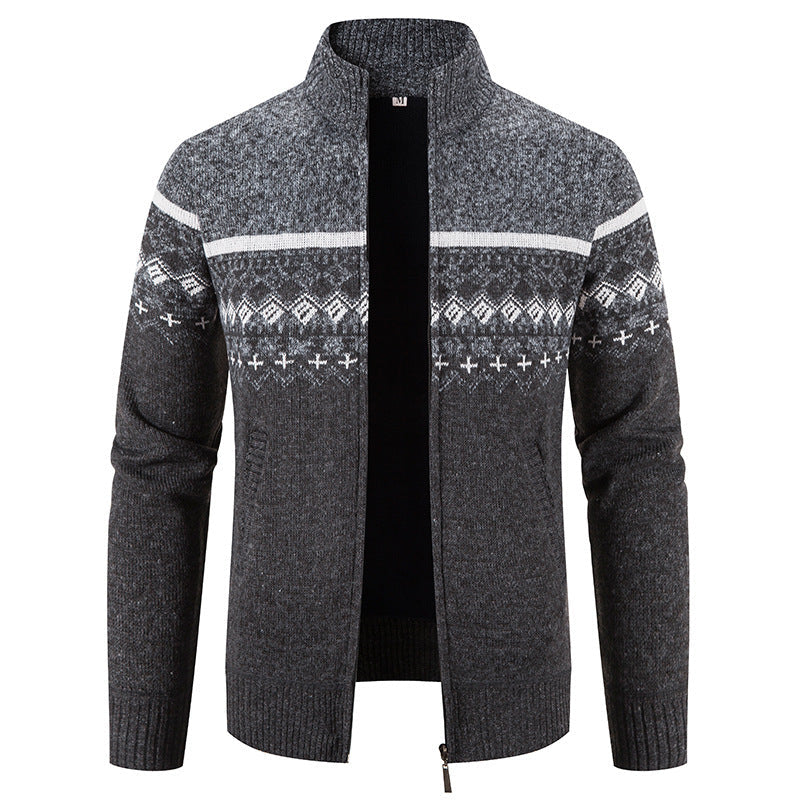 Herren Strickjacke Norwegermuster Stehkragen Modern
