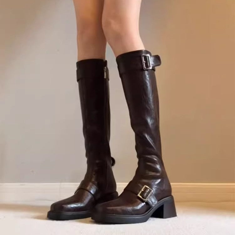 Damen Stiefel Elegant Schnallenverschluss Blockabsatz