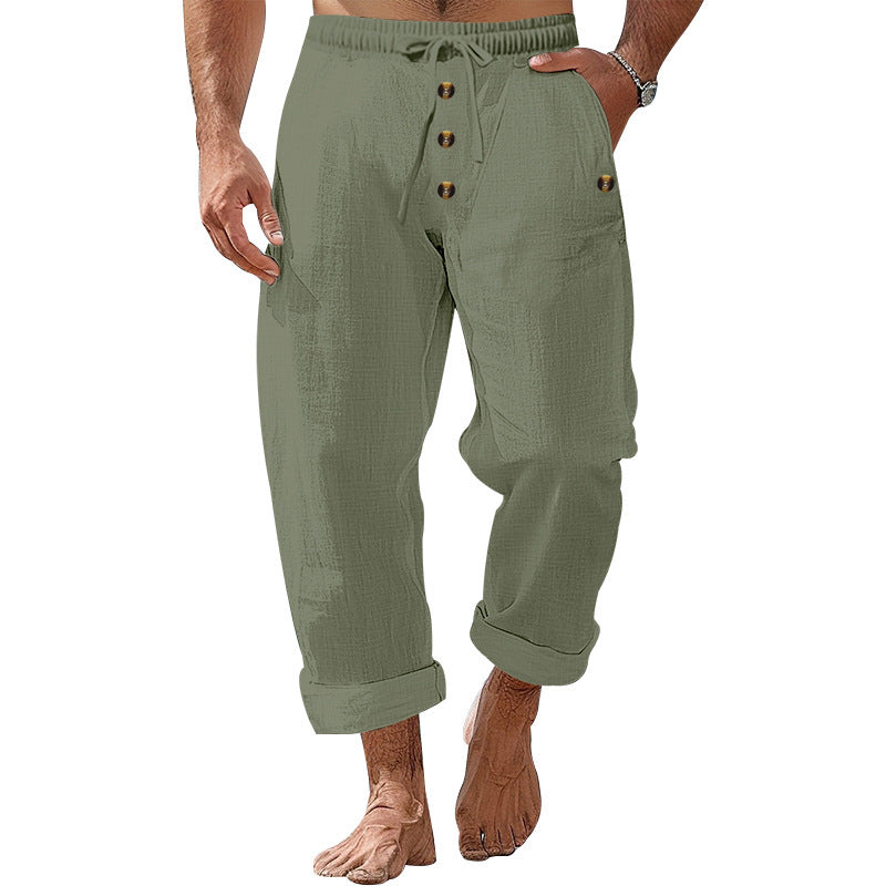 Herren Leinenhose Lässig Knopf Details Beige Sommerhose