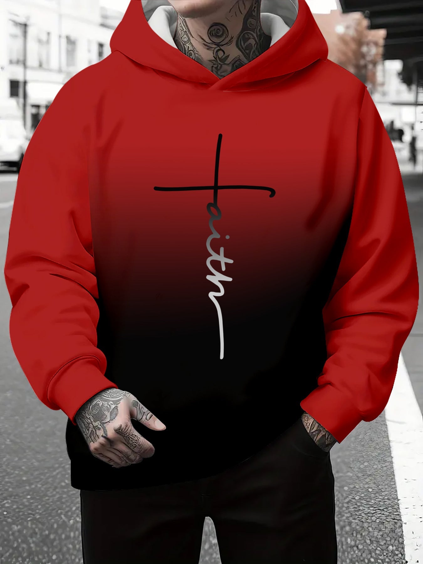 Herren Kapuzenpullover Grau Meliert mit Schriftzug