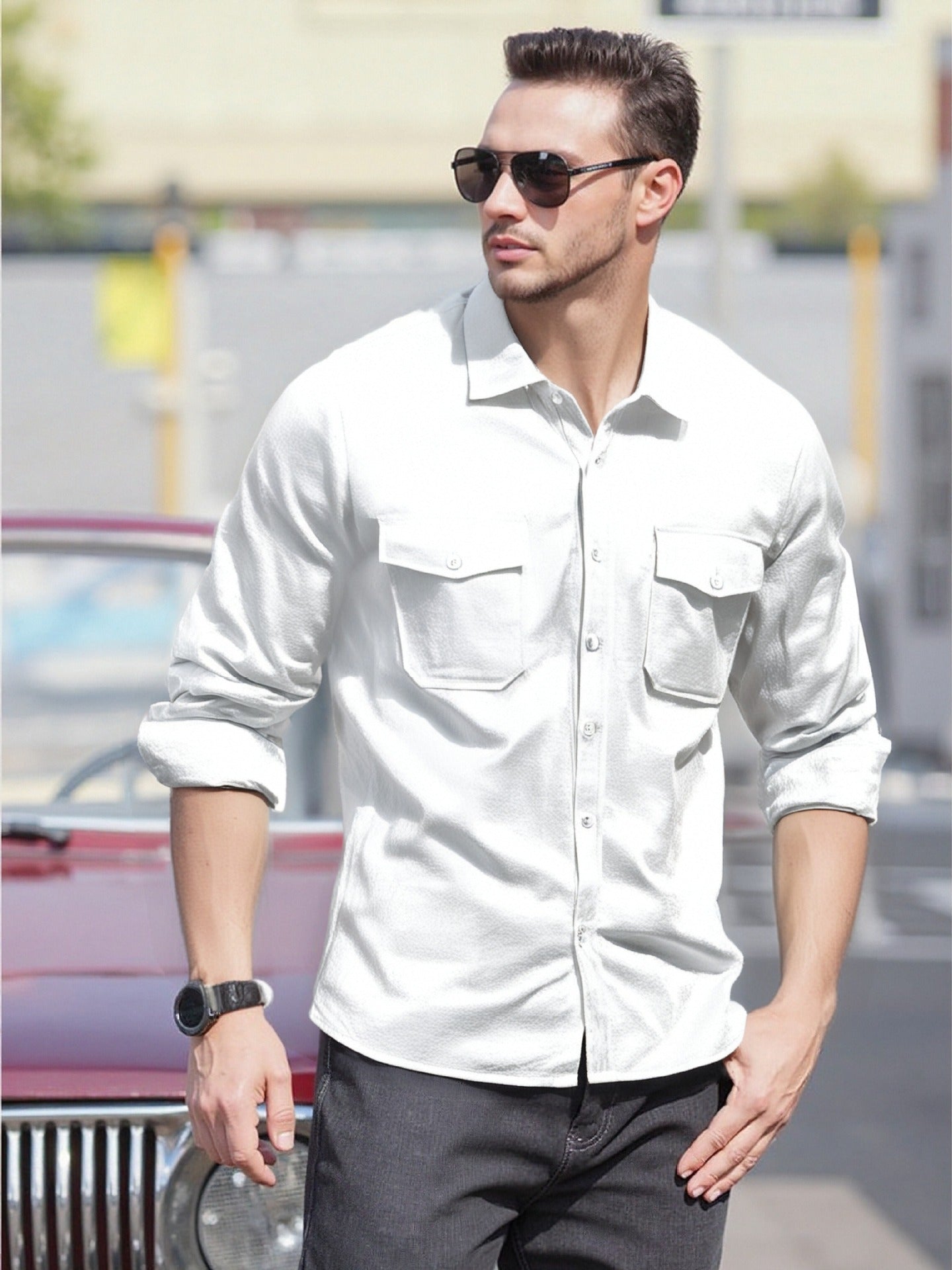 Herren Langarmhemd Modern mit Brusttaschen und Bequemem Schnitt