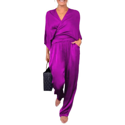 Damen Hosenanzug Elegant Bequem Satin Schwarz