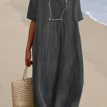 Damen Midi-Kleid Bequem V-Ausschnitt Kurzärmlig Sommerkleid
