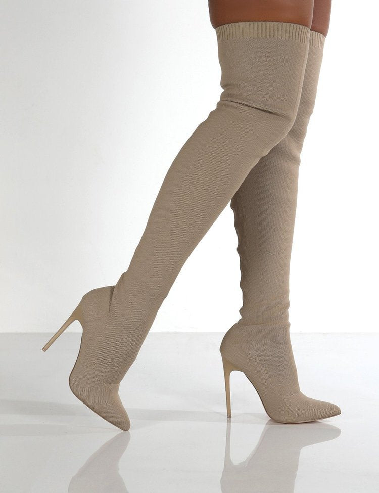 Damen Stiefel Overknee Spitz Absatz Strickdesign Elegante