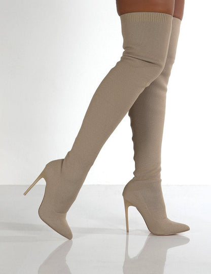Damen Stiefel Overknee Spitz Absatz Strickdesign Elegante