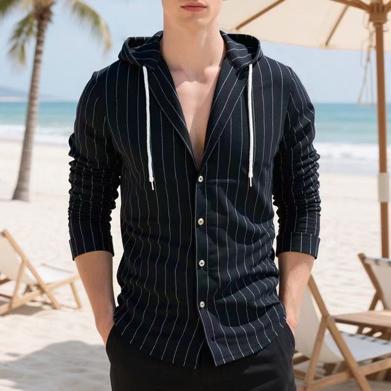 Herren Strickhemd Kapuze Streifenmuster Casual