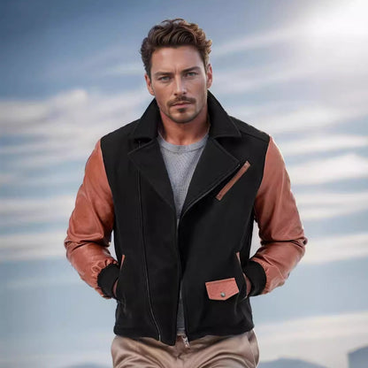 Herren Lederjacke Bikerstyle Kontrastärmel Schwarz