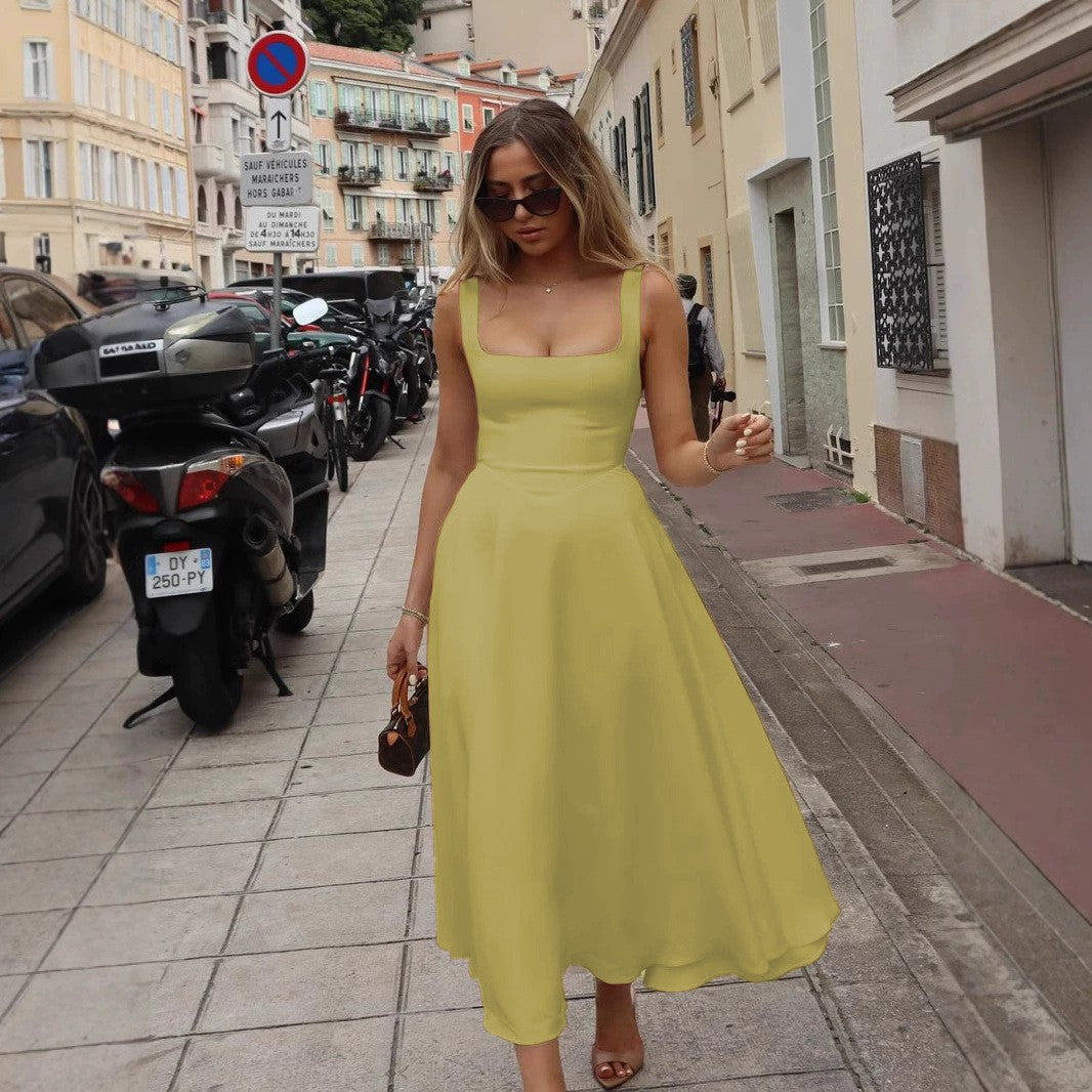 A-Linie Maxikleid Quadrat-Ausschnitt Damenkleid Lang