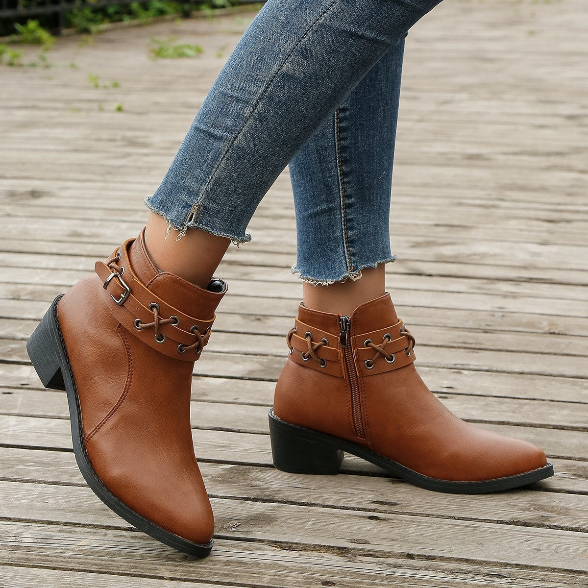 Damen Stiefeletten Schnür-Detail Modisch Schwarz